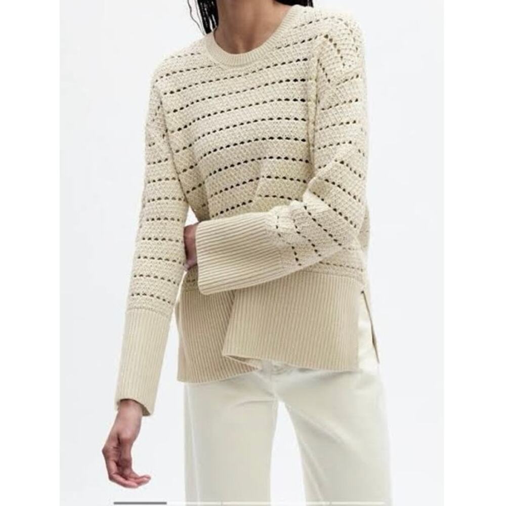 Gap 24/7 Split Hem Crochet Long Sleeve Cotton Sweater Women’s Medium Chino Cream